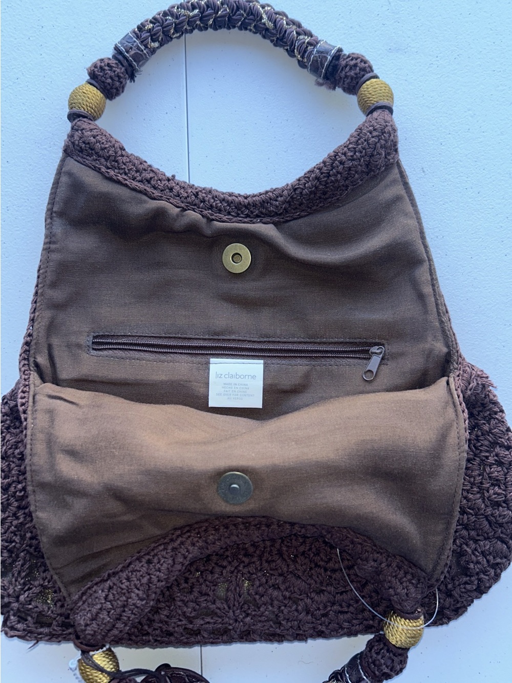 Vintage Liz Claiborne Brown Crochet Top Handle Bag - Boho Y2K - Picture 3 of 4
